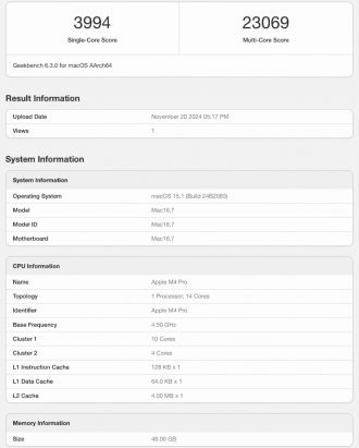 MacBook Pro m4 pro geekbench cpu