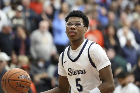 Sierra Canyon's Bryce James #5 warms up against Christopher Columbus at halftime during a high school basketball game at the Hoophall Classic, Monday, January 16, 2023, in Springfield, MA. (AP Photo/Gregory Payan)