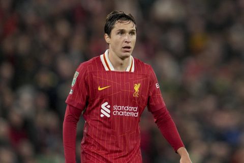 Liverpool's Federico Chiesa looks on during the English League Cup soccer match between Liverpool and West Ham United at Anfield Stadium, Liverpool, England, Wednesday, Sept. 25, 2024. (AP Photo/Jon Super)